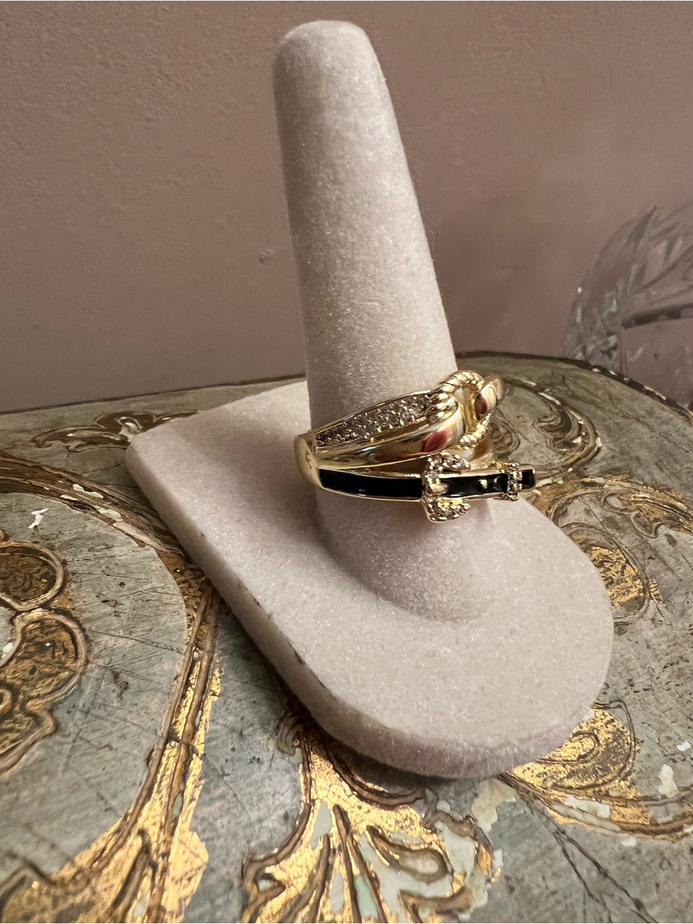 Gold Chain-Link Ring with Black Enamel Belt and Crystal Accents - Picture 3 of 7